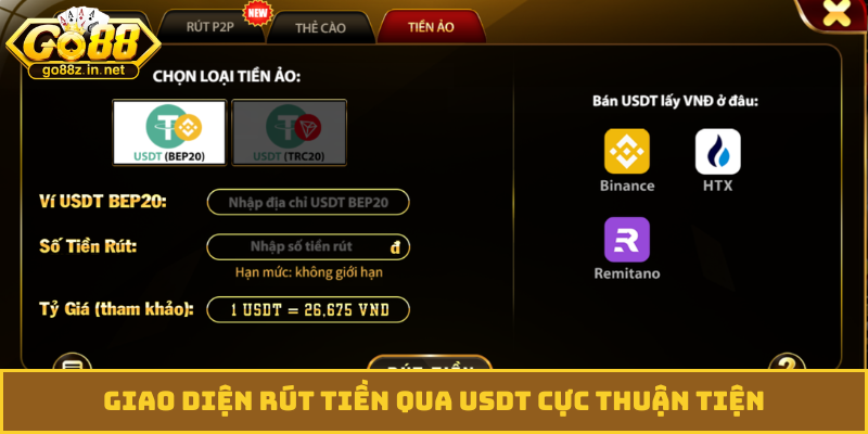 Giao diện rút tiền qua USDT cực thuận tiện